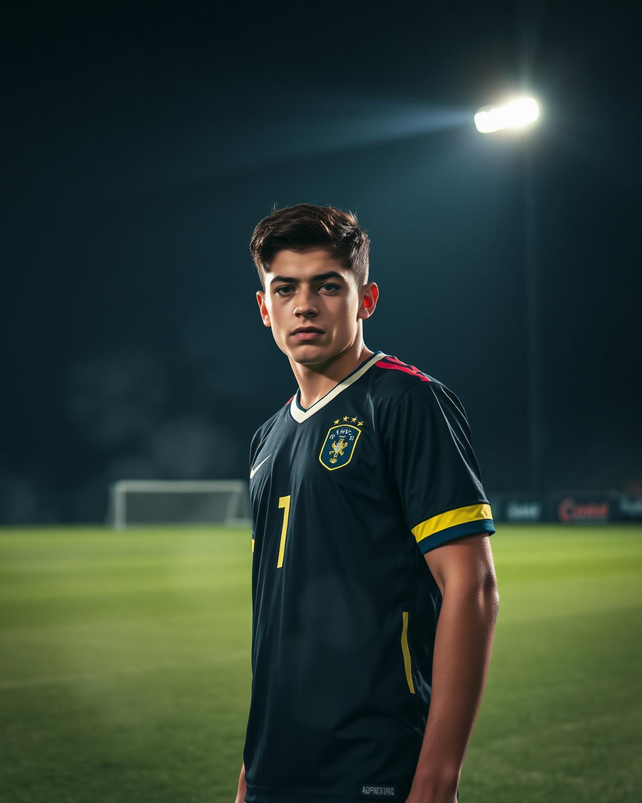 Jovem jogador de futebol no estádio iluminado